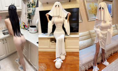 海角社區綠帽大神【寢取NTR（會噴水的親姐姐）】萬聖節夜老婆扮幽靈娘主動求操，找個大屌單男猛操出水量驚人